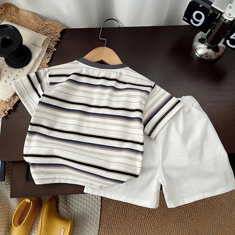 Kids Outdoor Sports Set Boys Girls Summer Short Sleeve T-Shirt Shorts Two-Piece Set Kids' Casual Striped T-Shirt 1-6 Year Set