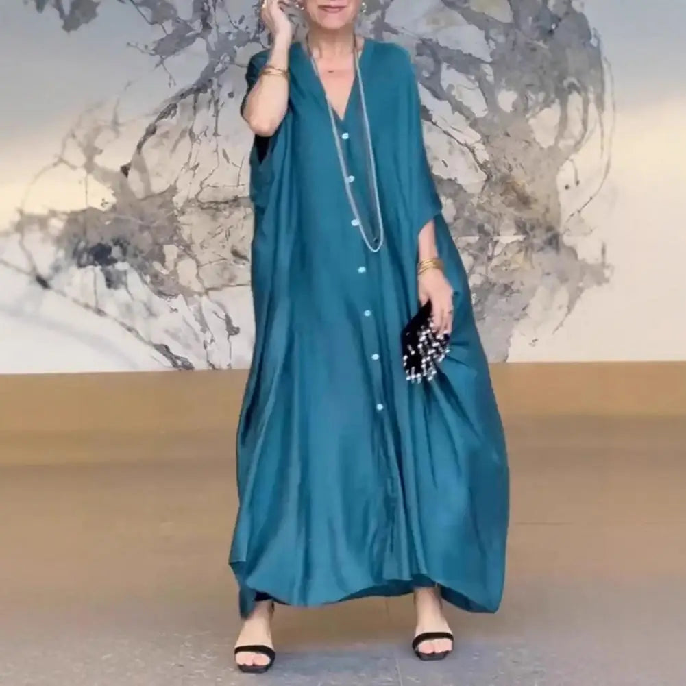 Women Maxi Dress V-Neck Buttoned Placket Batwing Sleeves Maxi Dress Solid Color Loose Cut Satin Casual Wide Style Dress