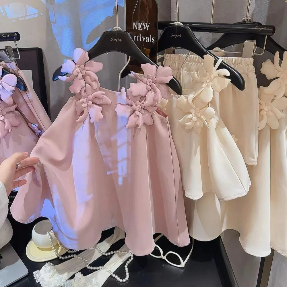 Summer New Three-Dimensional Flower Strap Dress for Girls High-Quality Wedding Birthday Princess Dress2-7Years Old