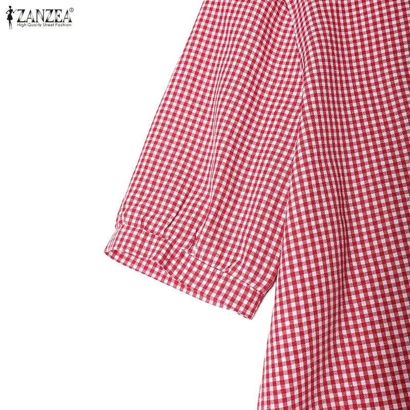 2026 ZANZEA Women Summer Sundress Elegant Short Sleeve Plaid Checked Dress Casual O Neck Work Dresses Baggy Holiday Vestido Robe