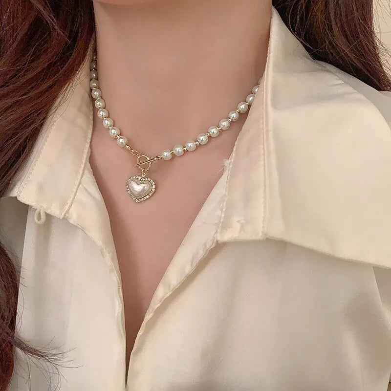 Elegant Pearl Necklace For Women'S Heart Pendant Necklaces Luxury Imitation Pearls Chain Necklaces Korean Jewelry Girls Gifts
