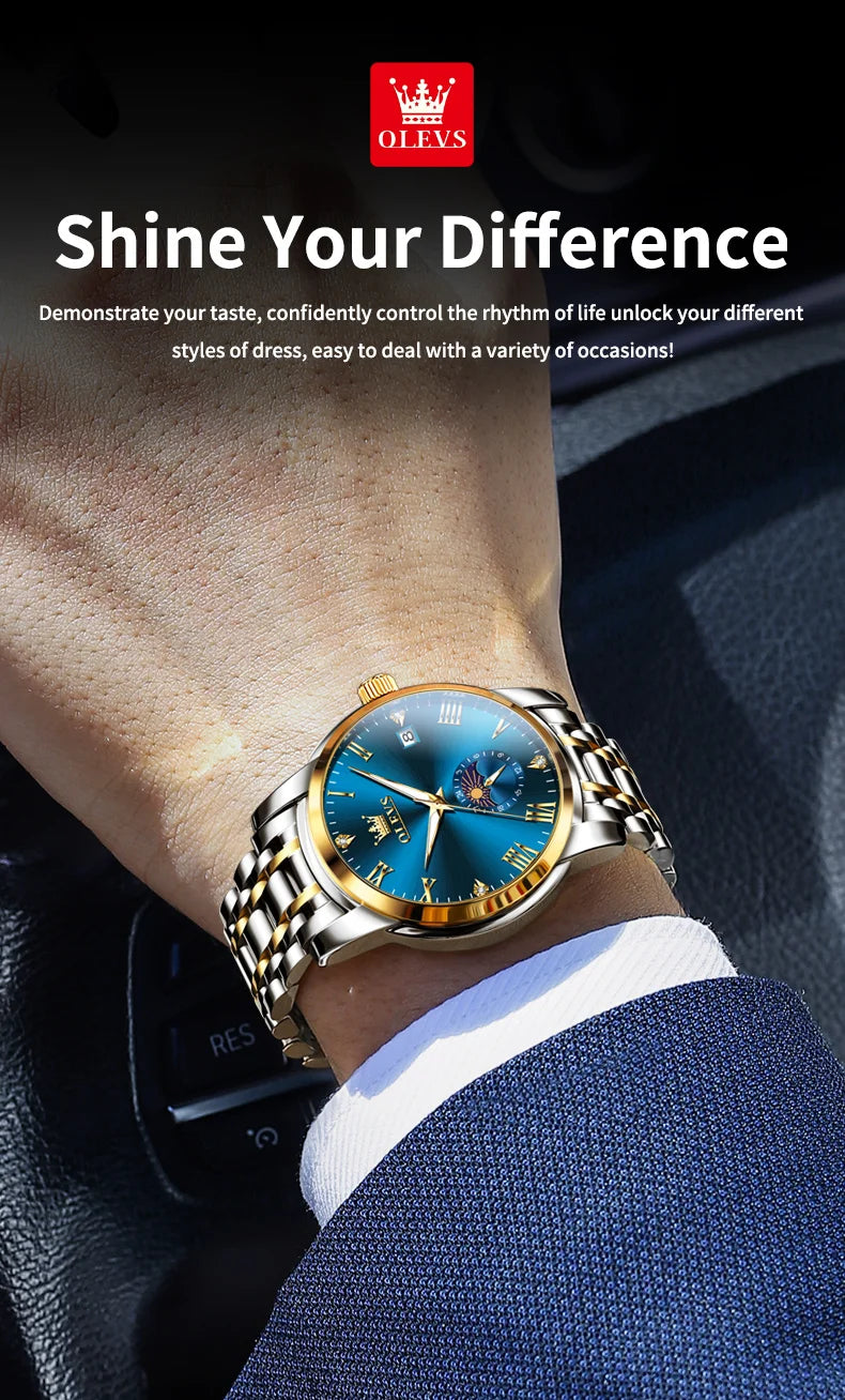 OLEVS 3656 Brand Men's Watches Fashion Original Quartz Watch for Man Waterproof Stainless Steel Luminous Wristwatch Moon Phase