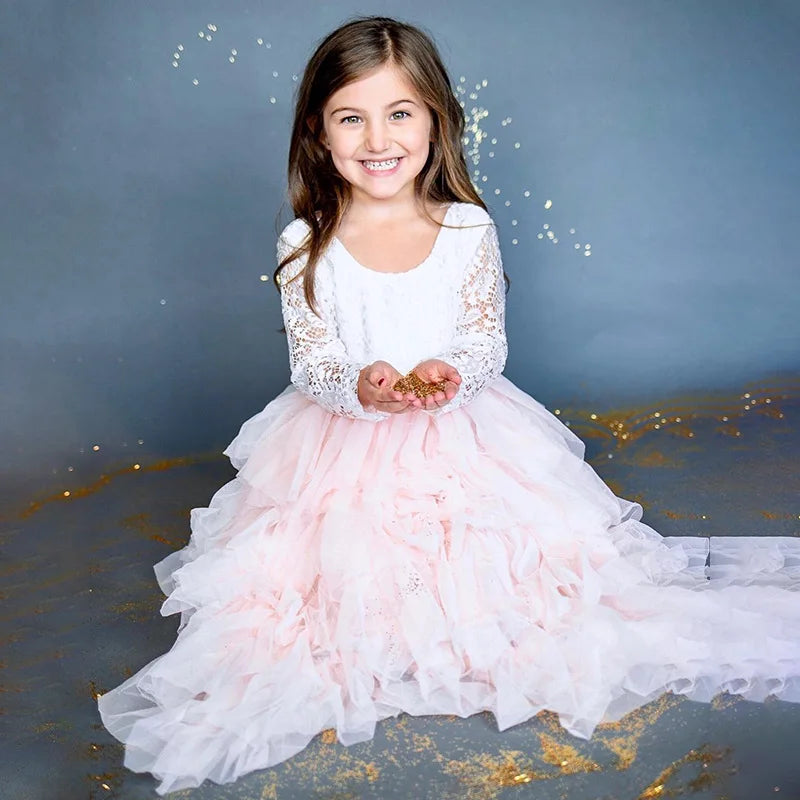 Princess Girls Festival Dress for 6m To 13 Years Old Elegant Flower Girl Vacation Layered Dress Lace Backless Evening Dresses