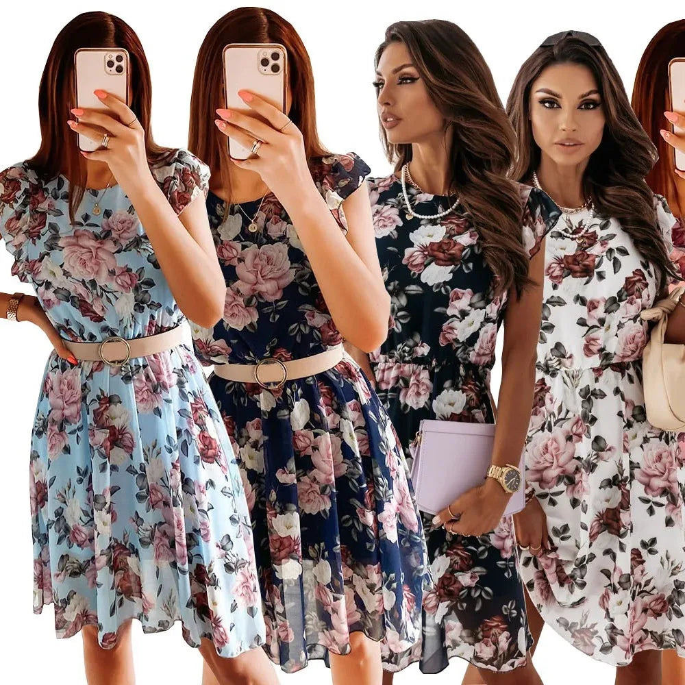 Ladies Sleeveless Elastic Waist Beach Dress 2026 Women V-Neck Pleated Chiffon Cover-Ups Summer Fashion Floral Printed Long Dress