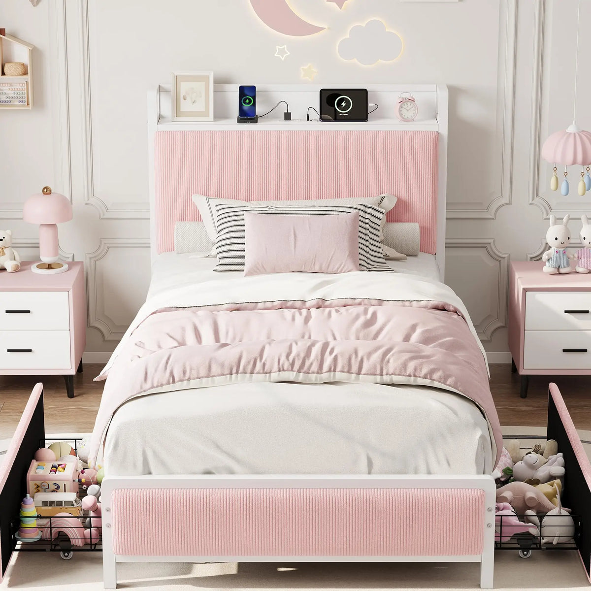 Twin/Twin XL Bed Frame With 2 Drawers, Charging Station, Corduroy Upholstered Shelf Headboard, Underbed Storage, No Box Spring