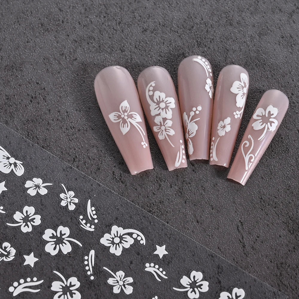 1 pieza 3D pegatinas de hibisco para uñas, flores blancas y negras, pétalos, calcomanías adhesivas, deslizadores florales rosas y dorados para decoración de uñas