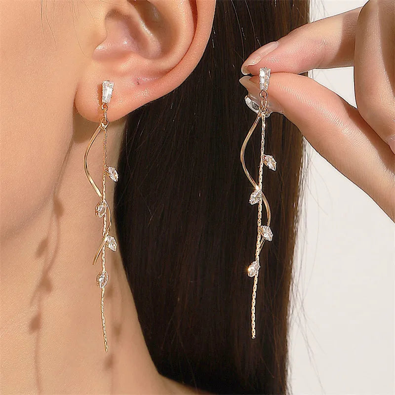 Rose Gold Threader Drop Earrings for Women Long Hanging Zircon Crystal Piercing Jewelry