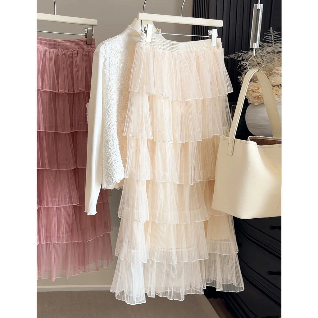 Seoulish Korean Style Layered Mesh Cake Midi Skirt 2026 Spring Women High Waist Elegant Tulle Skirt Female Long Skirts Party