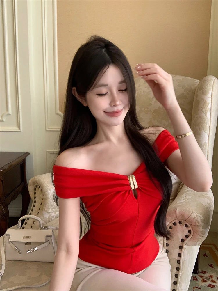 Summer slim sexy spicy girl slash neck ruffled short-sleeved T-shirt for women
