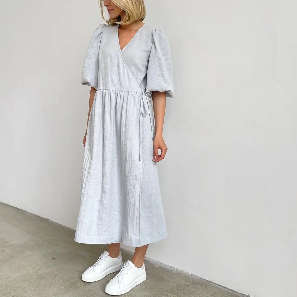 Long Dress Women Dresses Vestidos Lace Up V Neck Puff Sleeve Solid High Waist Female A Line Office Lady Summer 2025 Maxi Gown
