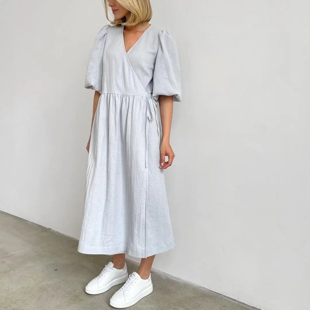 Long Dress Women Dresses Vestidos Lace Up V Neck Puff Sleeve Solid High Waist Female A Line Office Lady Summer 2025 Maxi Gown