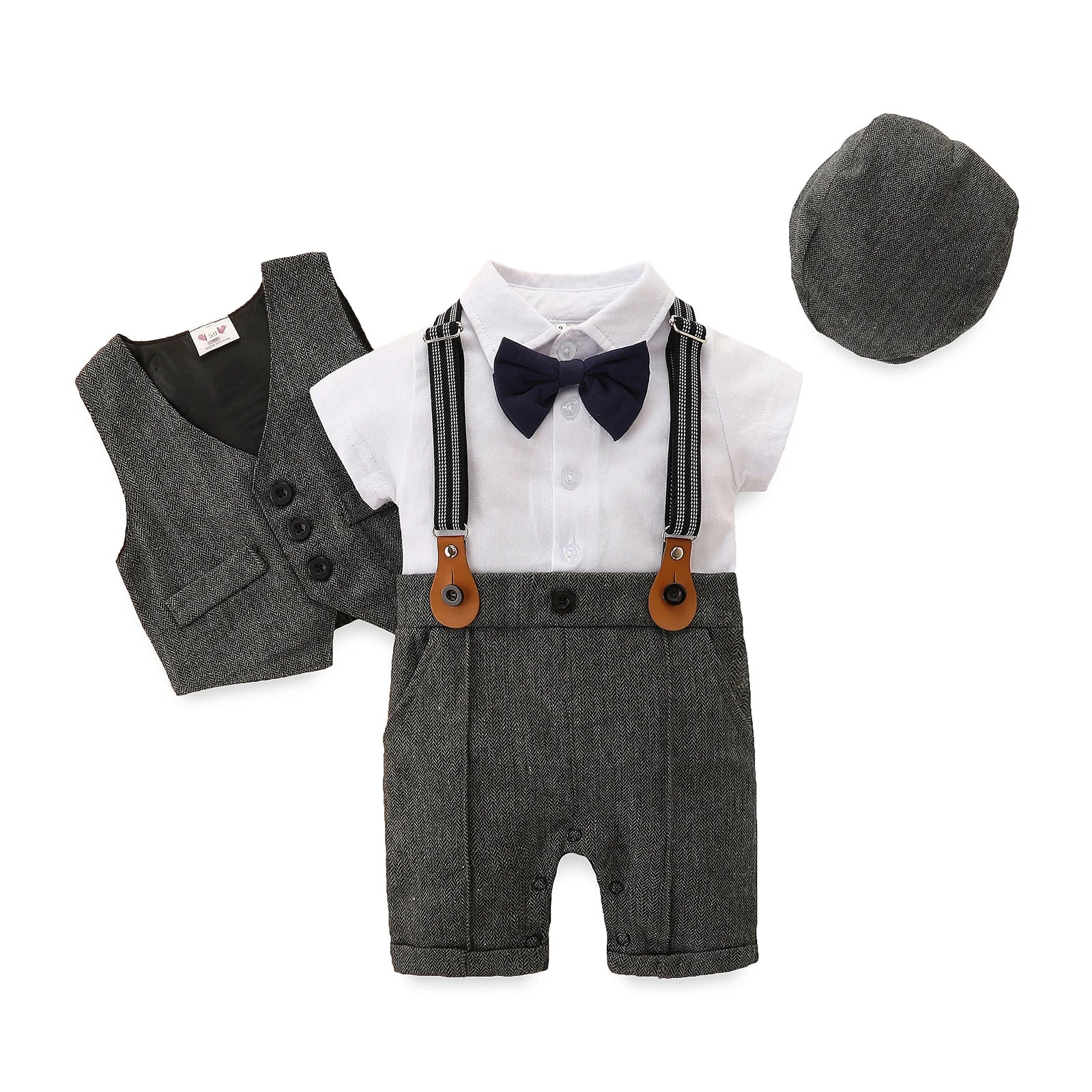 FOCUSNORM 0-24M 3 Colors Baby Boys Gentleman Clothes Sets 3pcs Short Sleeve Patchwork Bow Romper + Vest Coat+ Hat