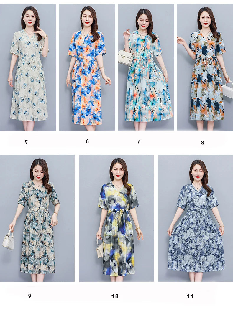 New Fashion 2025 Summer dresses For Women V-Neck Plus Size Woman Cothing Loose Short Sleeve Women Print Dresses