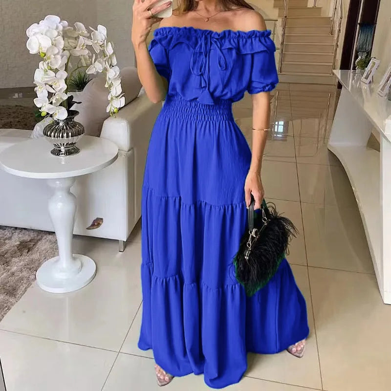 2026 Elegant Women's Off Shoulder Ruffle Sleeve Dress Fashion Solid Color Elastic Waist Tiered Maxi Dresses