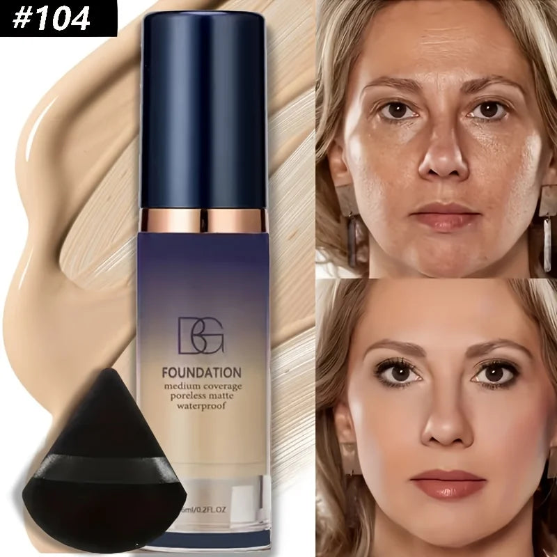 Set de maquillaje con base todo en uno de 2 piezas con borla triangular negra, cobertura impecable para principiantes