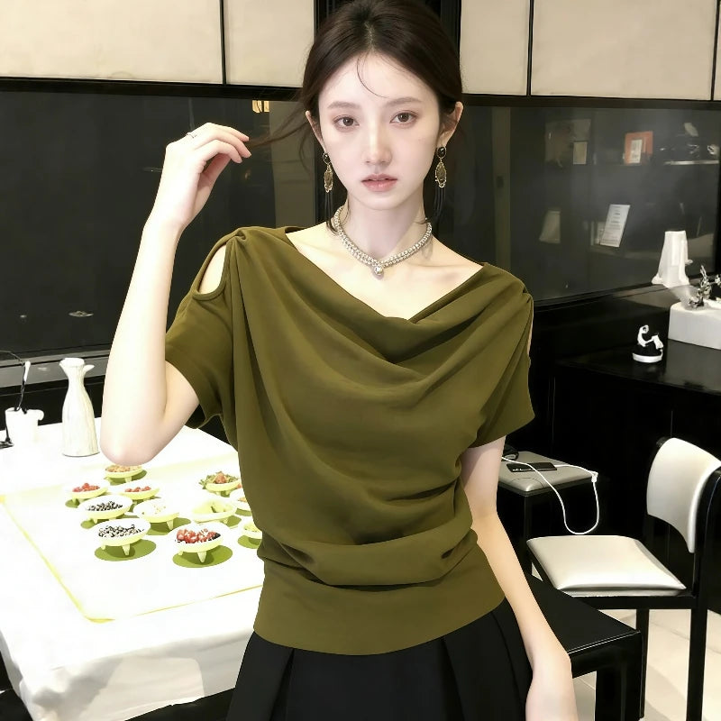 Unique Beautiful Shoulder-baring Short Sleeve T-shirt Women's Summer 2026 New plus Size Loose Fit Korean Style Creative Pattern