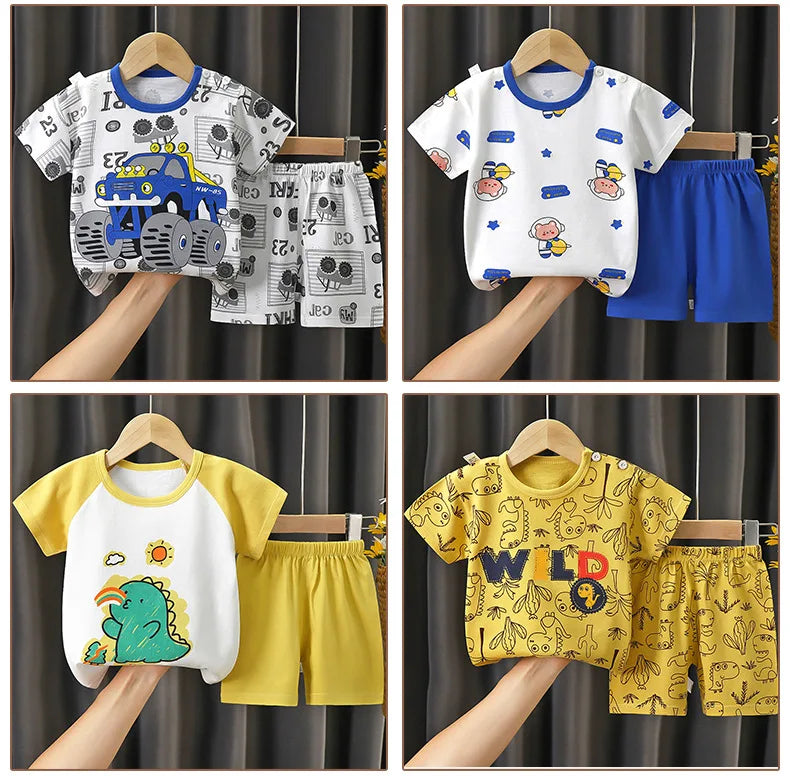 Unisex Children's Cotton Summer Outfit Set - Cartoon Animal Print