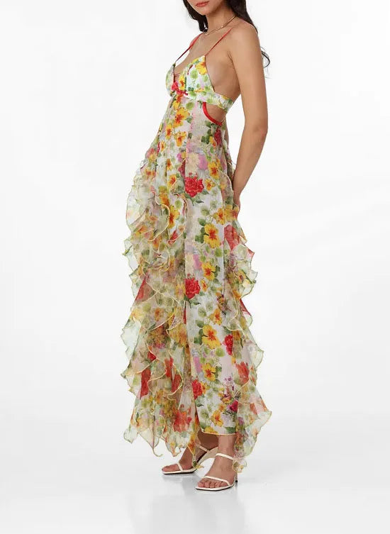 Elegant Boho Women's Summer Party Long Dress Sexy Floral Print Spaghetti Straps Backless Sleeveless Beach Sundress Maxi Dresses