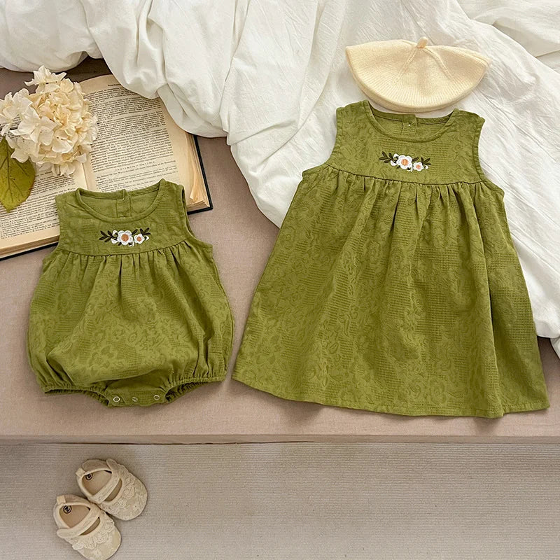 Girls Birthday Party Sisters Outfits Summer Green Apricot Floral Embroidery Sleeveless Bodysuit Vest Dress Baby Clothes H037