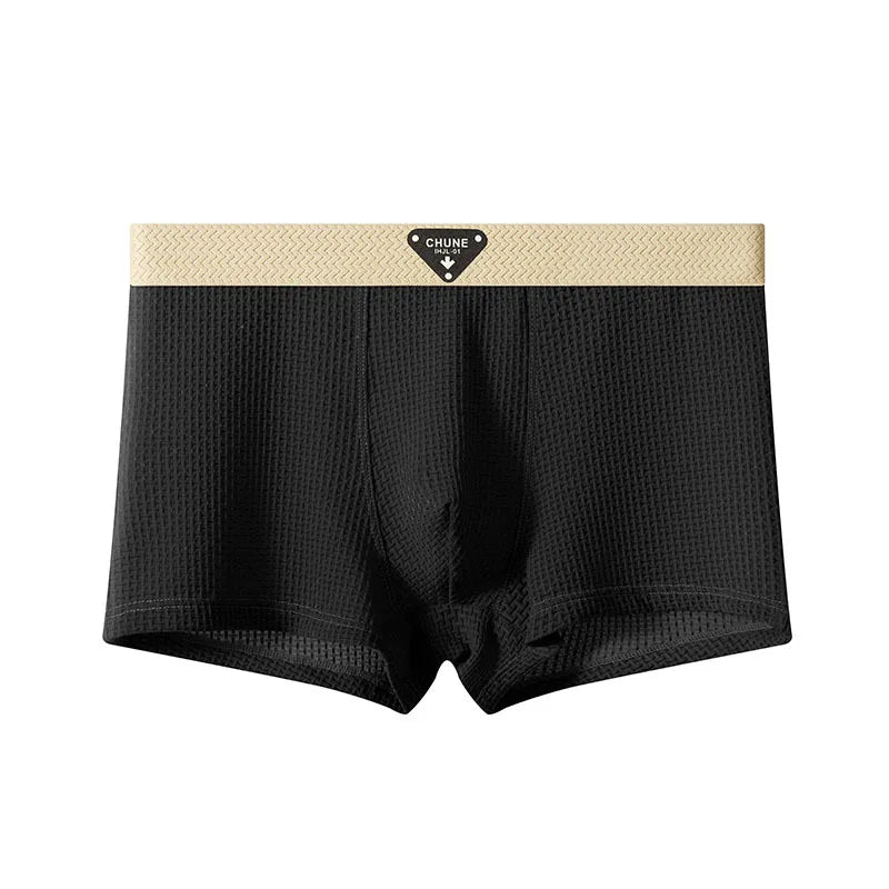 Summer Boxers Men'S Underwear Smooth Ice Silk Plaid Solid Panties Large Size Soft Breathable U Crotch High Elastic Underpants