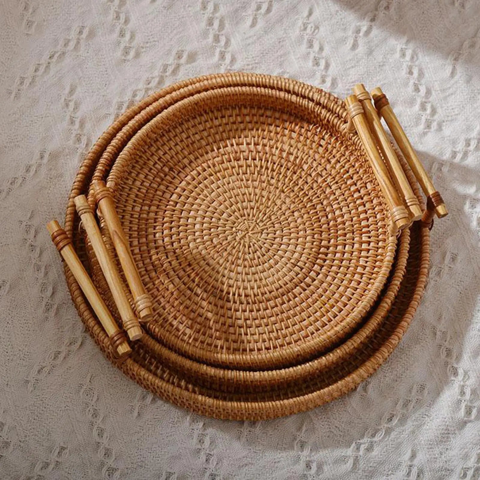 Hand-Woven Basket Storage Tray with Handles Food Tea Decorative