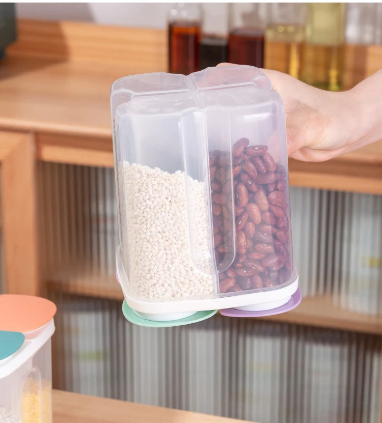 Caja de almacenamiento de cereales para cocina, de plástico, con 4 compartimentos, tarro sellado para cereales, recipiente para alimentos, tanque de grano a prueba de humedad, caja para mantener frescos los espaguetis