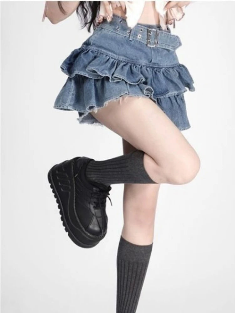 Sweet Denim Skirts Women 2025 Faldas Mujer De Moda High Waist A-line Ruffles Jupe Fashion Korean Saia Casual Summer Mini Skirt