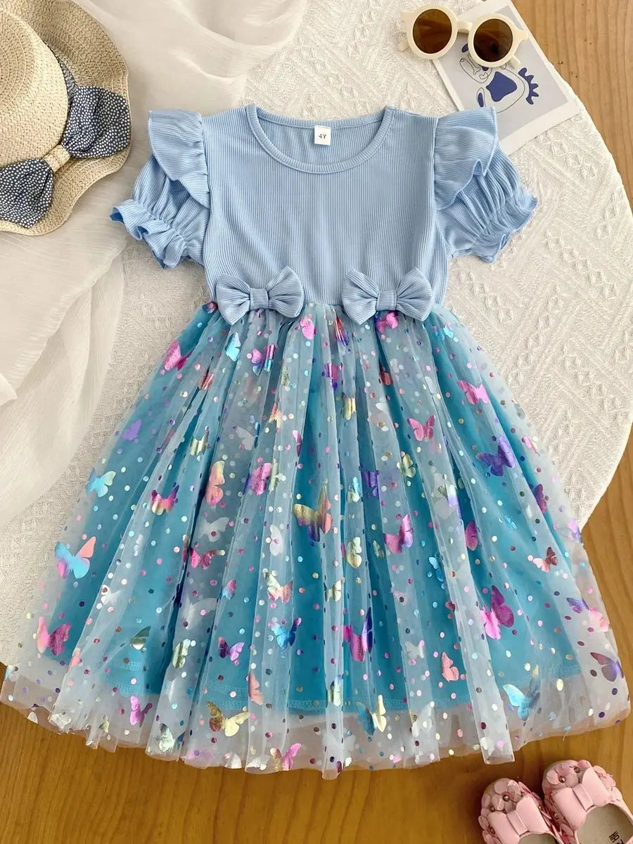 Round Neck Princess Dress Summer Knitted Patchwork Colored Butterfly Mesh Bubble Seeve Dress Girls Clothes