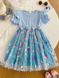 Round Neck Princess Dress Summer Knitted Patchwork Colored Butterfly Mesh Bubble Seeve Dress Girls Clothes