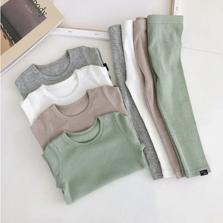 Kids Unisex Ribbed Cotton Pajama Set - Long Sleeve Pullover & Pants