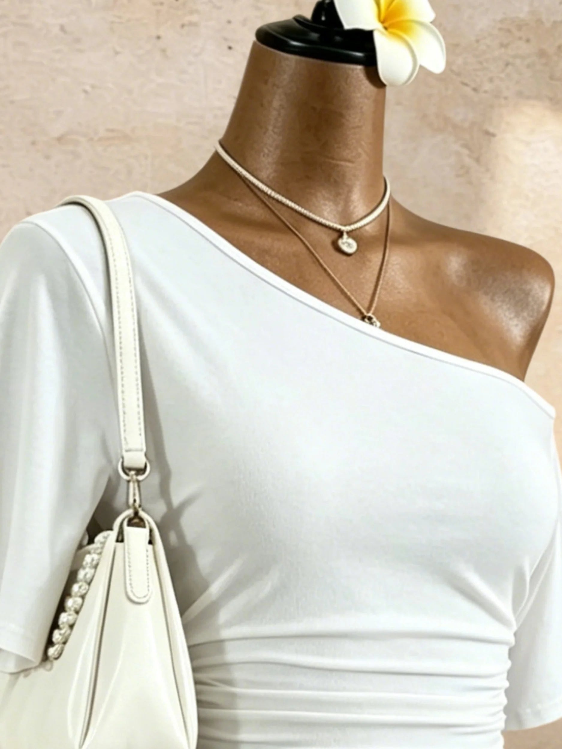 Women One Shoulder Short Sleeve T-shirt Side Ruched Waist Crop Tops Solid White Slant Off Shoulder Slim Fit Casual Streetwear Te