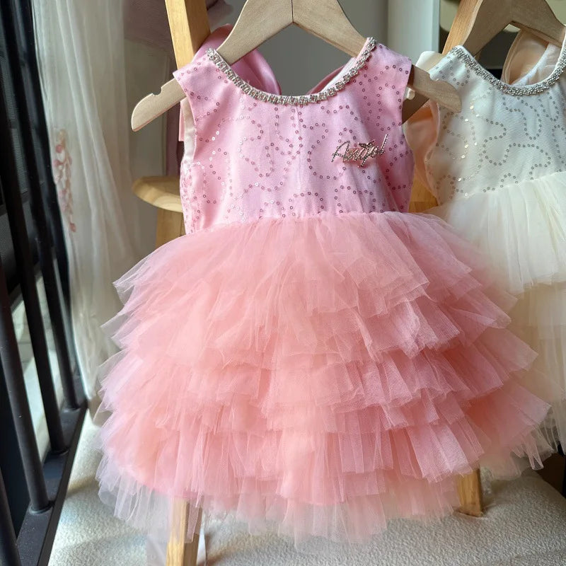 Baby Girls Sequin Tutu Dress for Kids Ruffles Layered Cake Birthday Party Gown Children Fashion Wear Sleeveless Formal Wear