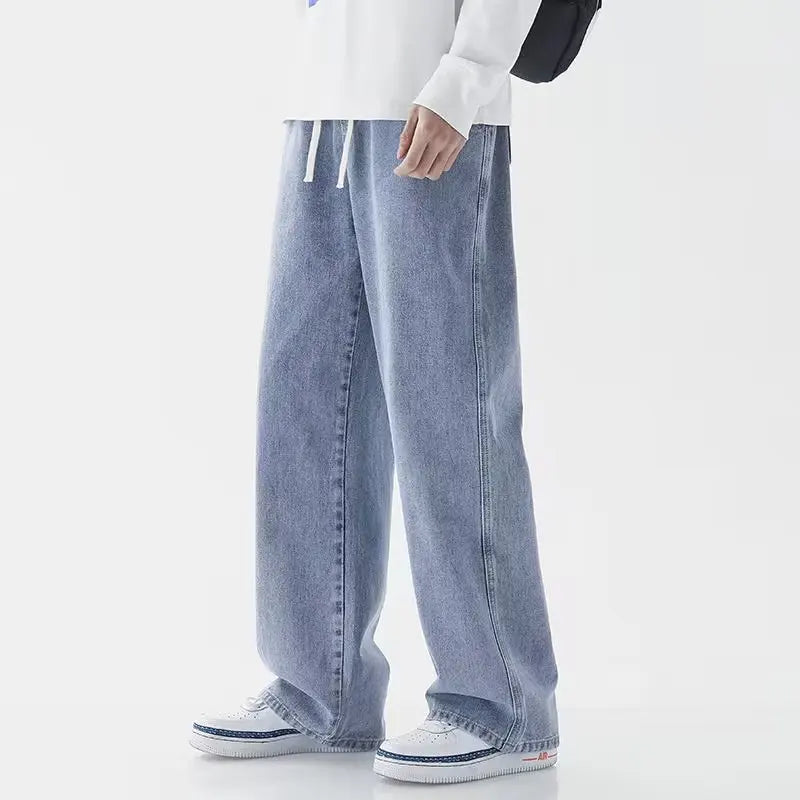Korean Solid Colors Men'S Casual Long Jeans Classic Man Four Seasons Straight Denim Wide-Leg Pants Light Blue Grey Black S-3Xl