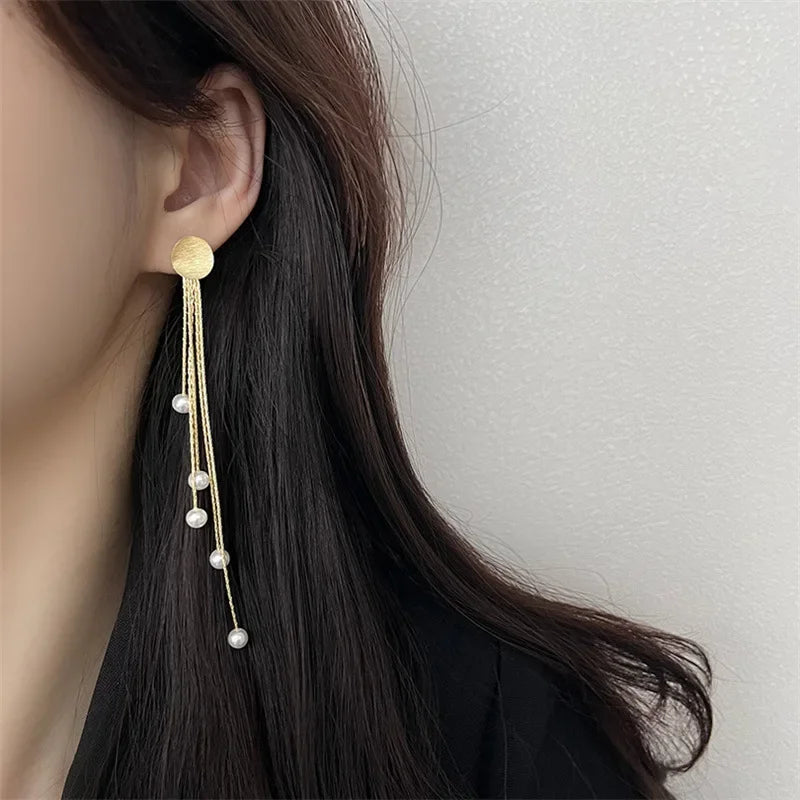 Korean Fashion Style Pearl Long Tassel Clip on Earrings for Women Simple Temperament Long Chain Non-piercing Ears Clip Earrings