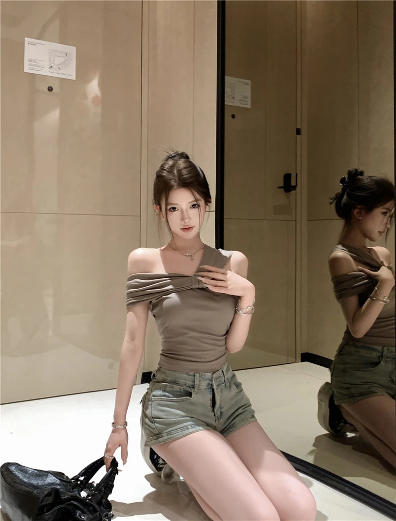 Korean Style Sexy One Shoulder  Knot Neckline Thin Summer Slimming T-Shirt Women's Fashionable Short Sleeve Top