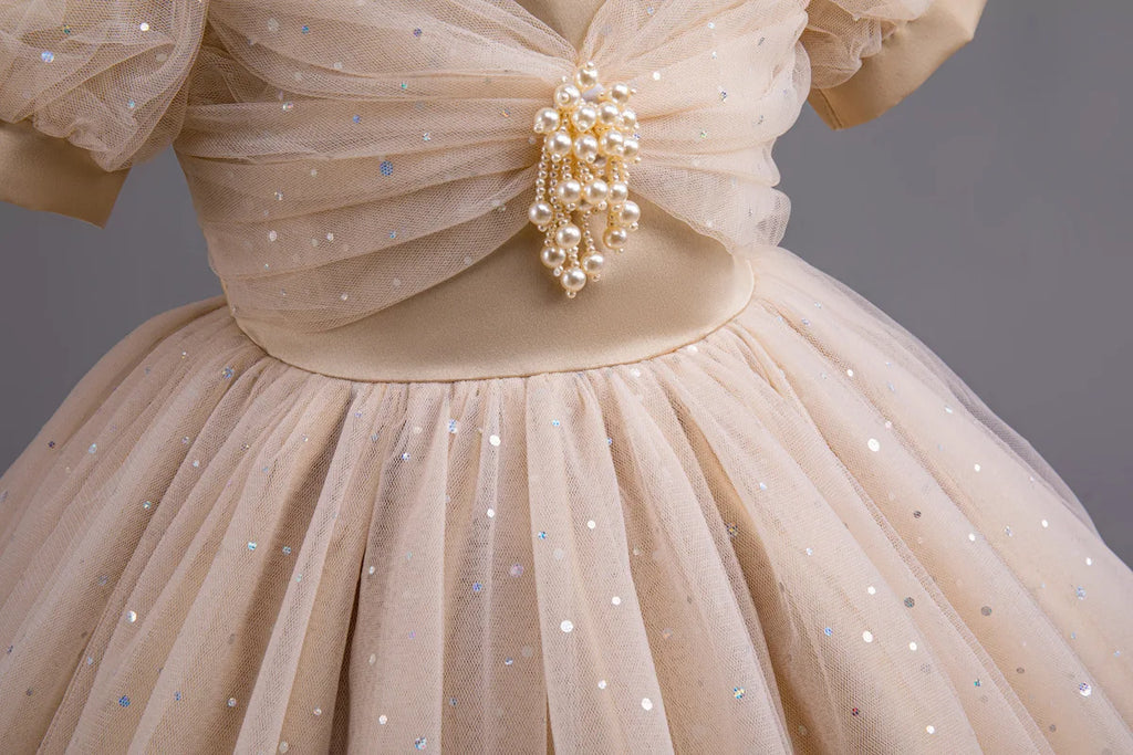 HETISO Pearls Bowknot Kids Girls Dresses Summer Tulle Vintage Elegant Princess Party Gown Children's Gift