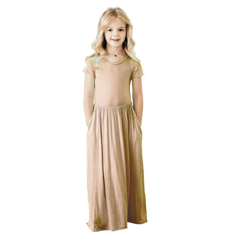 Summer Girls New Solid Color Short Sleeved Long Dress Beach Party Birthday Casual Fashion Show Versatile A-Line Dress
