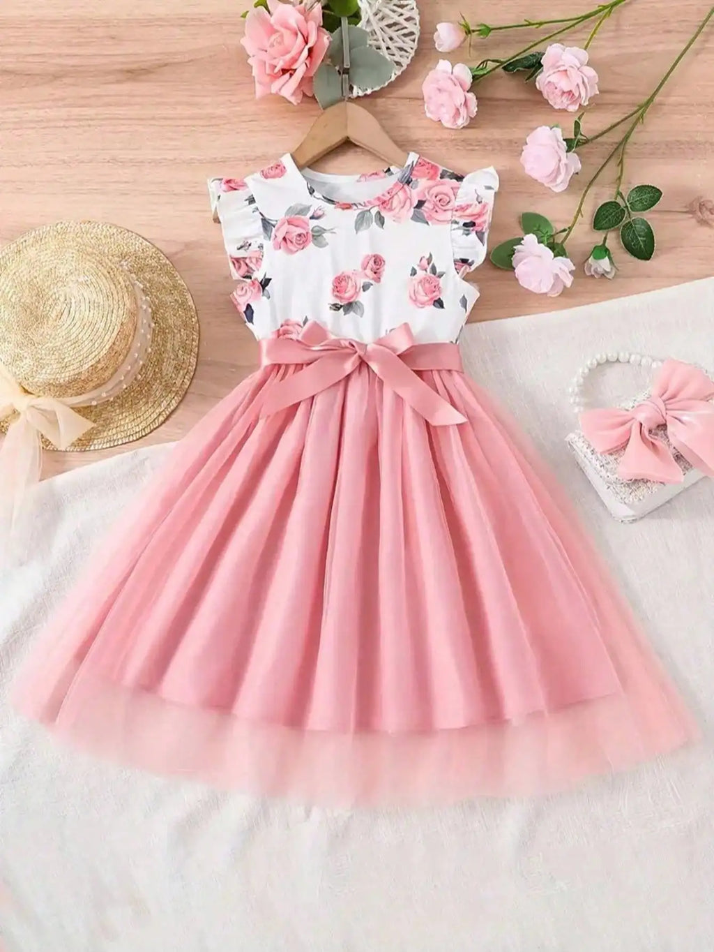 Summer 2026 Children's & Women's Cute Plush Dress with Small Flying Sleeves Round Neck Print Design New Collection