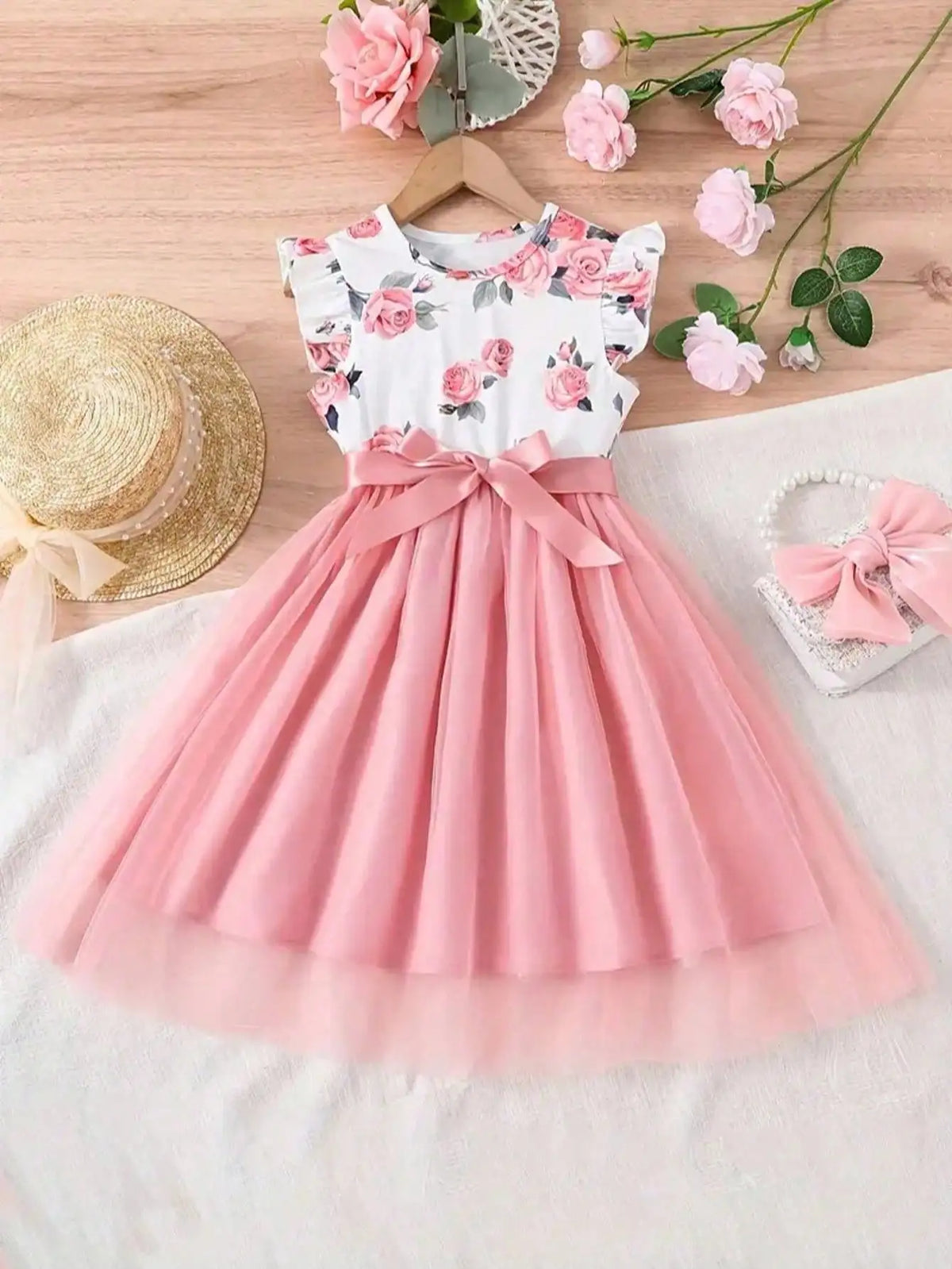 Summer 2026 Children's & Women's Cute Plush Dress with Small Flying Sleeves Round Neck Print Design New Collection
