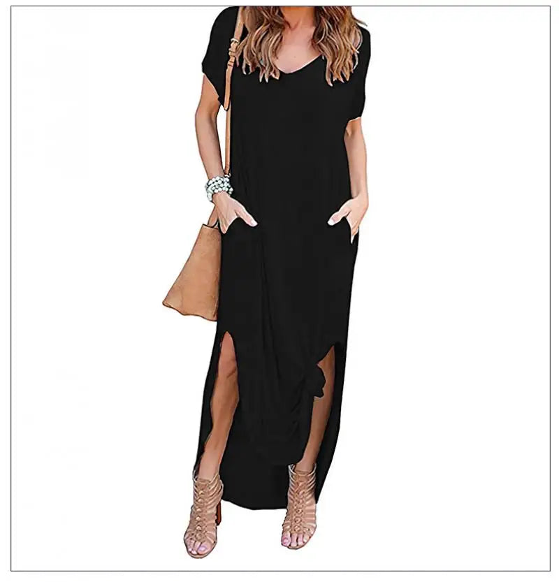 Women's Casual Maxi Dress V Neck Short Sleeve Dresses Loose Fit Long Dress with Pockets Side Slit Outfit Home Casual Daily Wear
