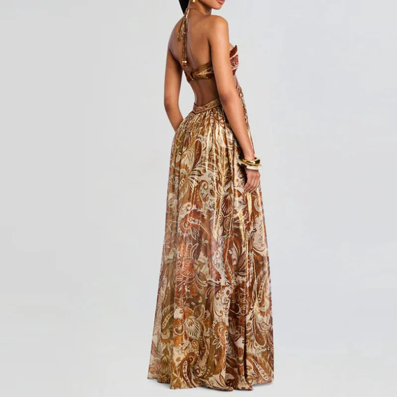 Vintage Pattern Print Swing Party Dress Women Sexy Halter Sleeveless Pleat Long Dress Elegant Backless Lace-Up Bohe Beach Dress