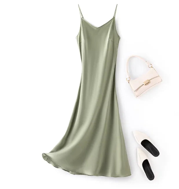 100% Mulberry Silk 22 momme Charmeuse Silk Solid Colors Women Chemise Full Slip Midi Dress Adjustable Straps Night Dress FF079