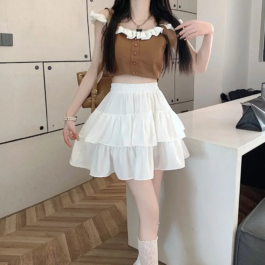 Ruffled Cake Skirts for Women High-waisted A-line Solid All-match Sweet Lovely Girls Korean Style Gentle Spring Kawaii Casual