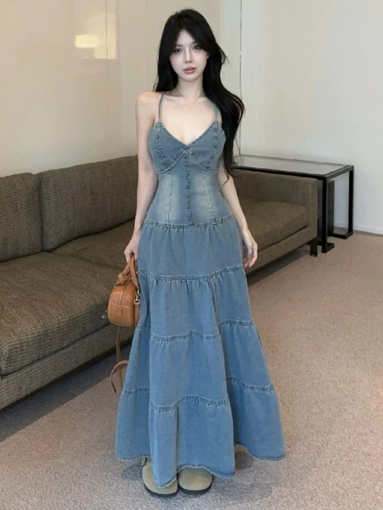Y2k Women Dresses Spring Summer Ruffles Sleeveless Vintage Vestidos Mujer Korean Fashion Sexy V Neck A-line Long Dress