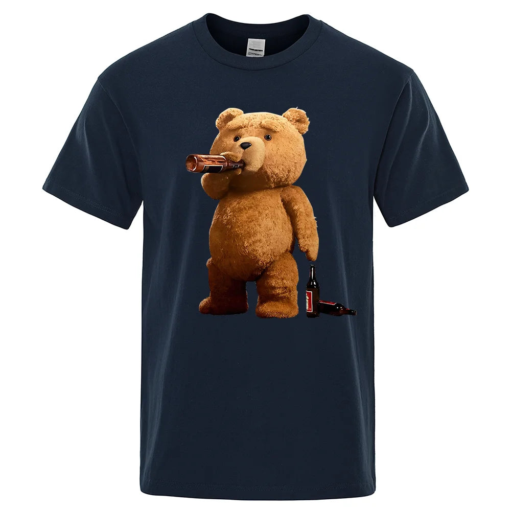 Lovely Ted Bear Drink Beer Poster Funny Printed T-Shirt Men Fashion Casual Short Sleeves Loose Oversize Tee Street Hip Hop Tops