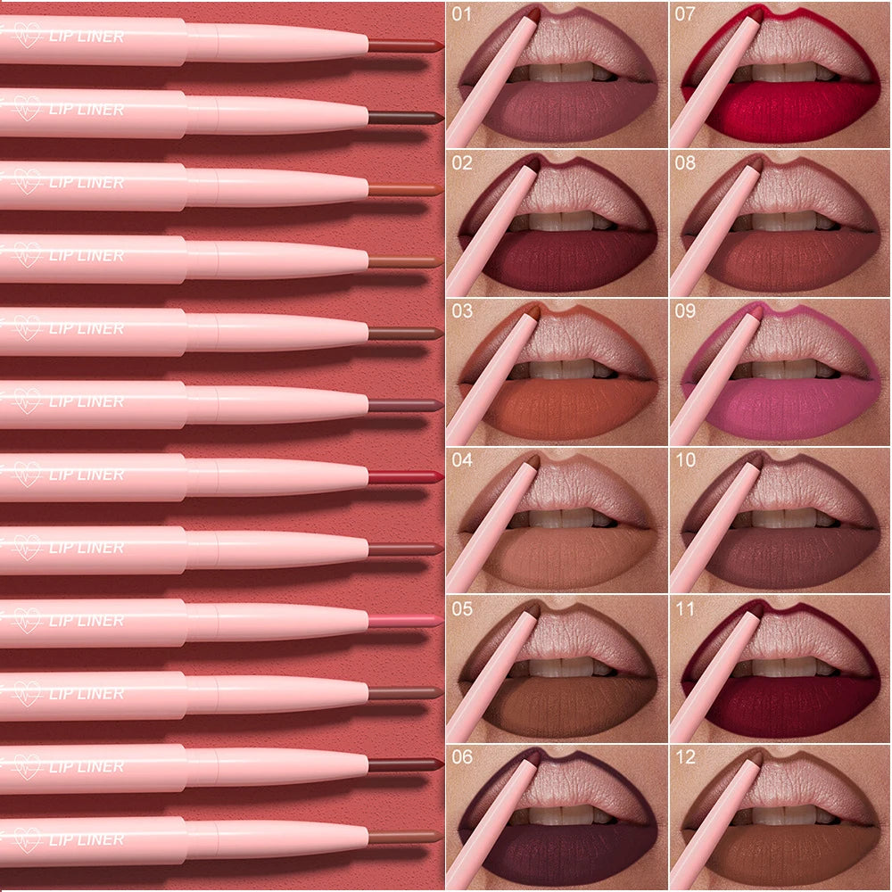 12 Colors Matte Red Brown Lipliner Pencil Waterproof Non-stick Cup Slim Lipstick Make Up Nude Pink Lip Liner Outline Lip Contour