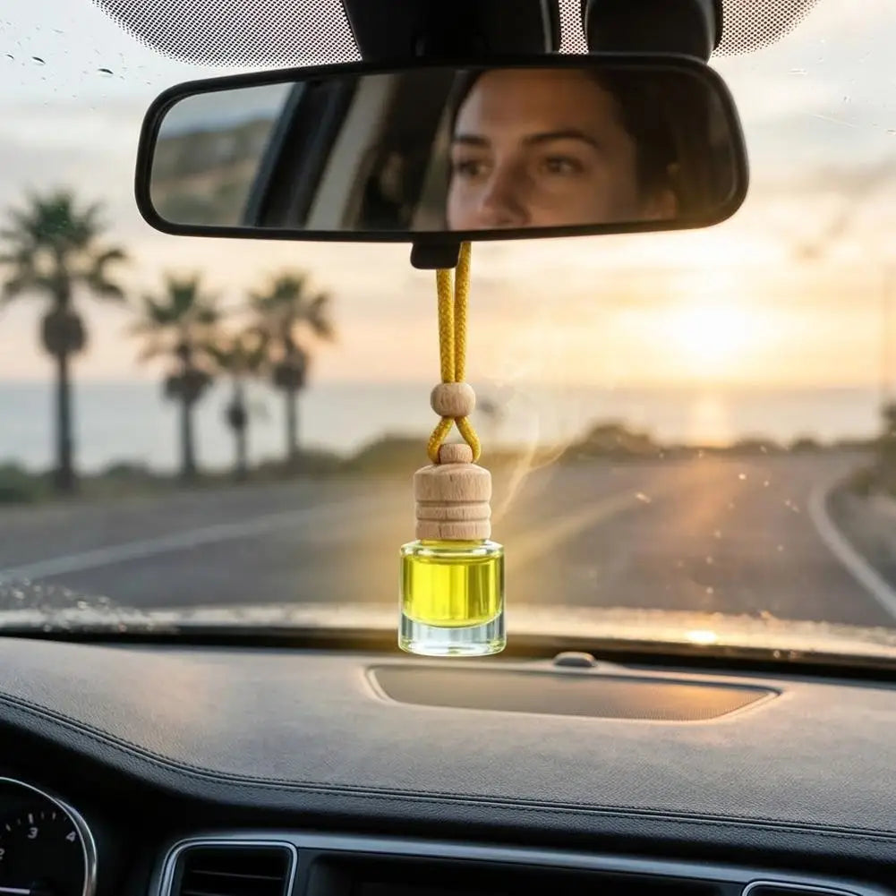 Hanging Car Air Freshener Refillable Glass Bottle Wooden Cap Essential Oil Diffuser Pendant Long Lasting Auto Perfume Ornament