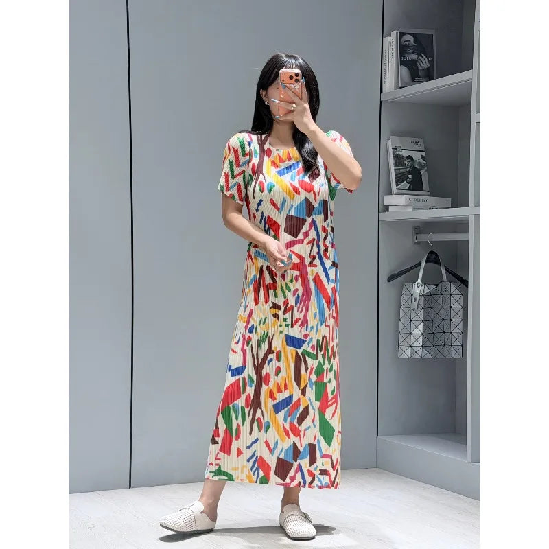 Miyake Pleated Dresses 2026 Summer New Fashion Printed Round Neck Short Sleeve Elegant Women's Draped Elastic Wrinkle-Free Dress