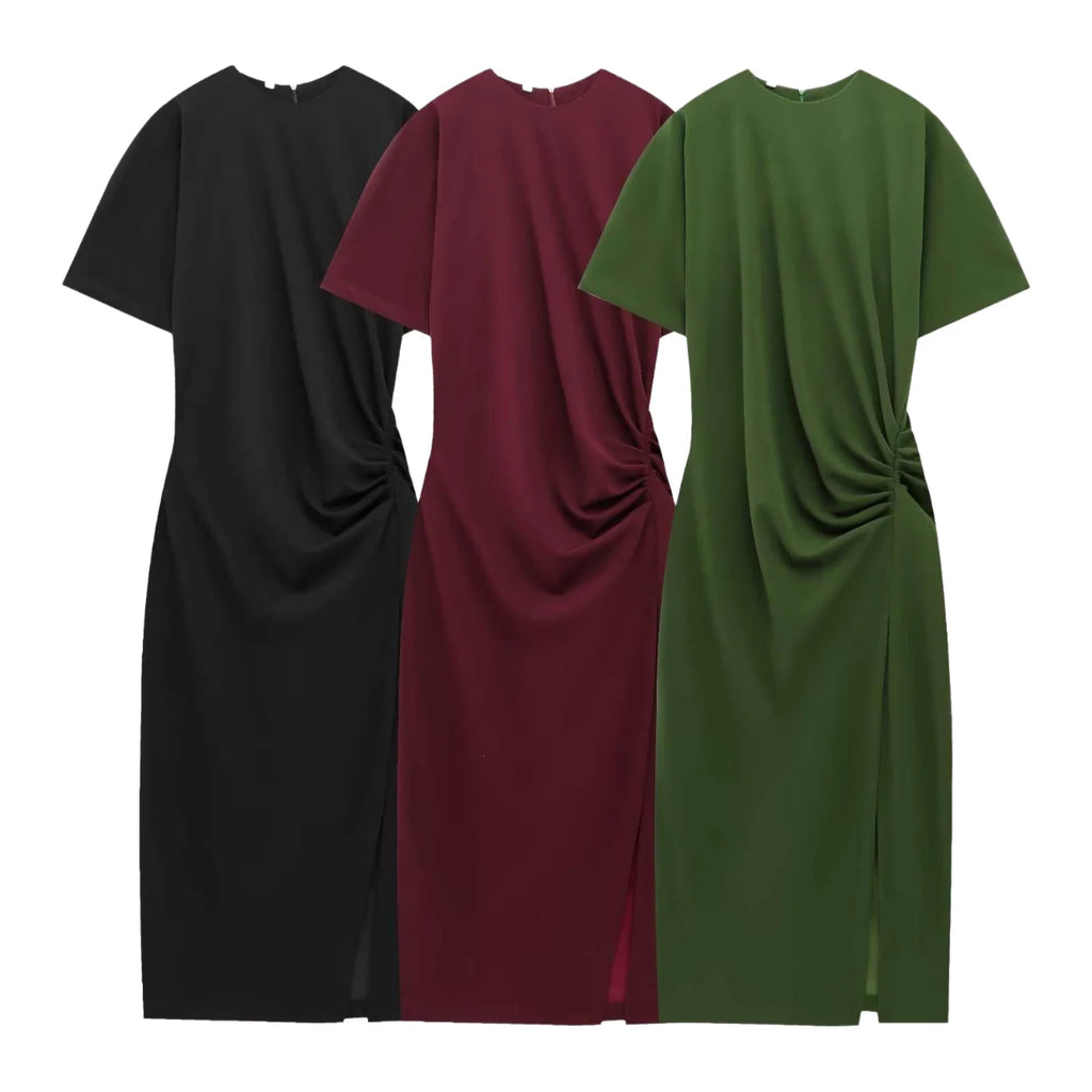 Summer Women's Midi Dress Slit Short Sleeve Pleated Cross-Border Street Style Polyester Solid Color Basic round Neck Loose Waist