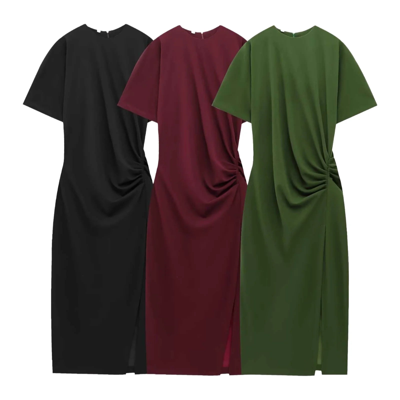 Summer Women's Midi Dress Slit Short Sleeve Pleated Cross-Border Street Style Polyester Solid Color Basic round Neck Loose Waist